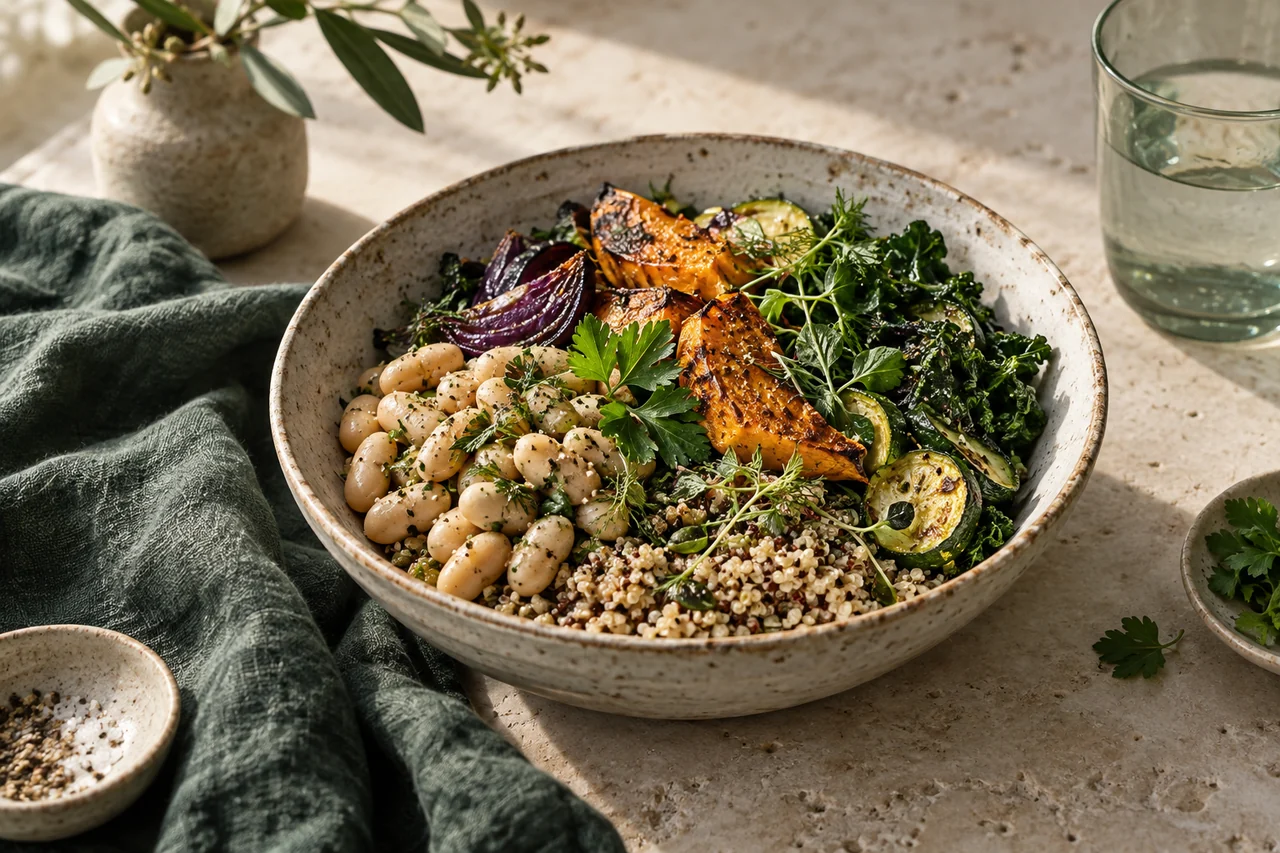 Bowl of beans, grains, vegetables, and fresh herbs on a stone table