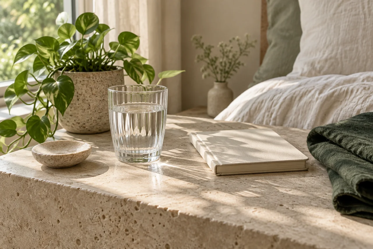 Glass of water and blank notebook by a calm bedside