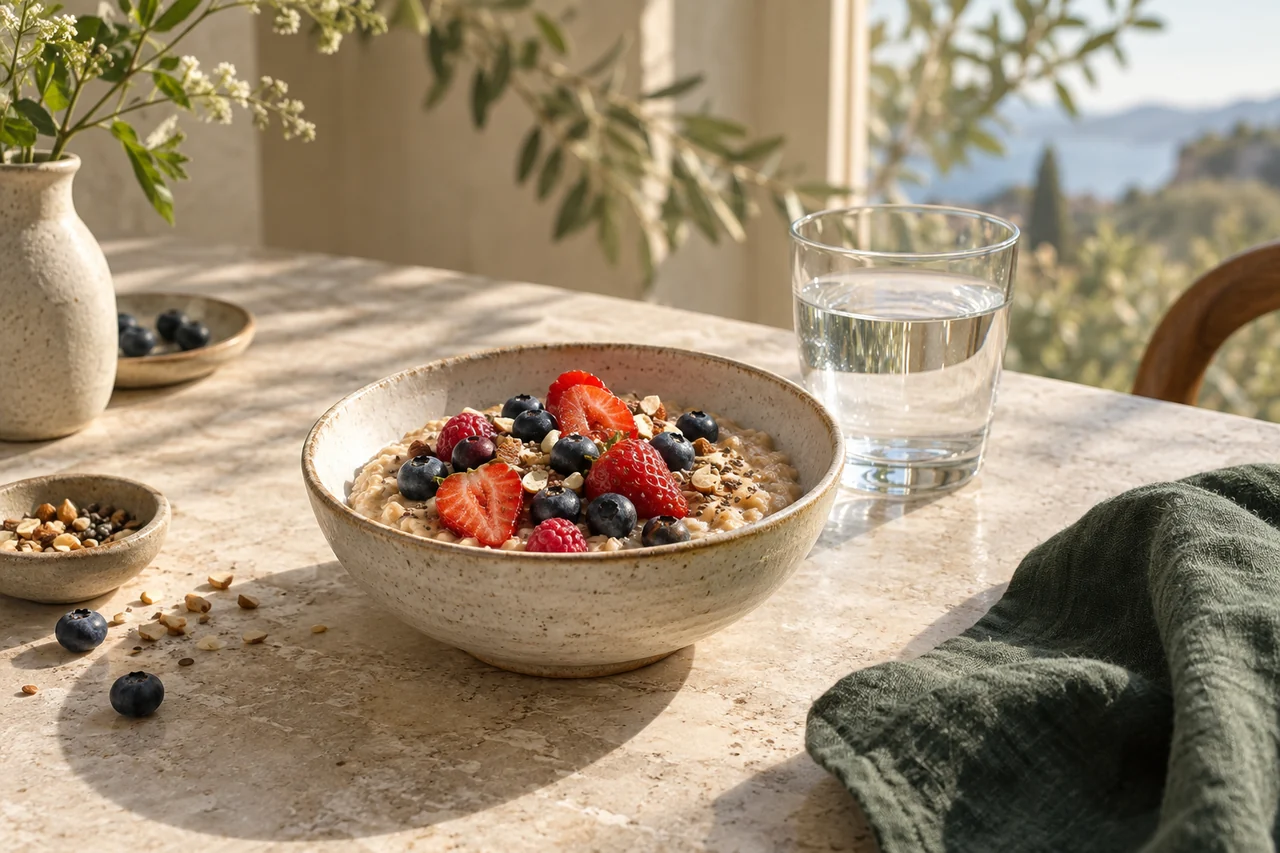 Oatmeal with berries and a glass of water in morning light