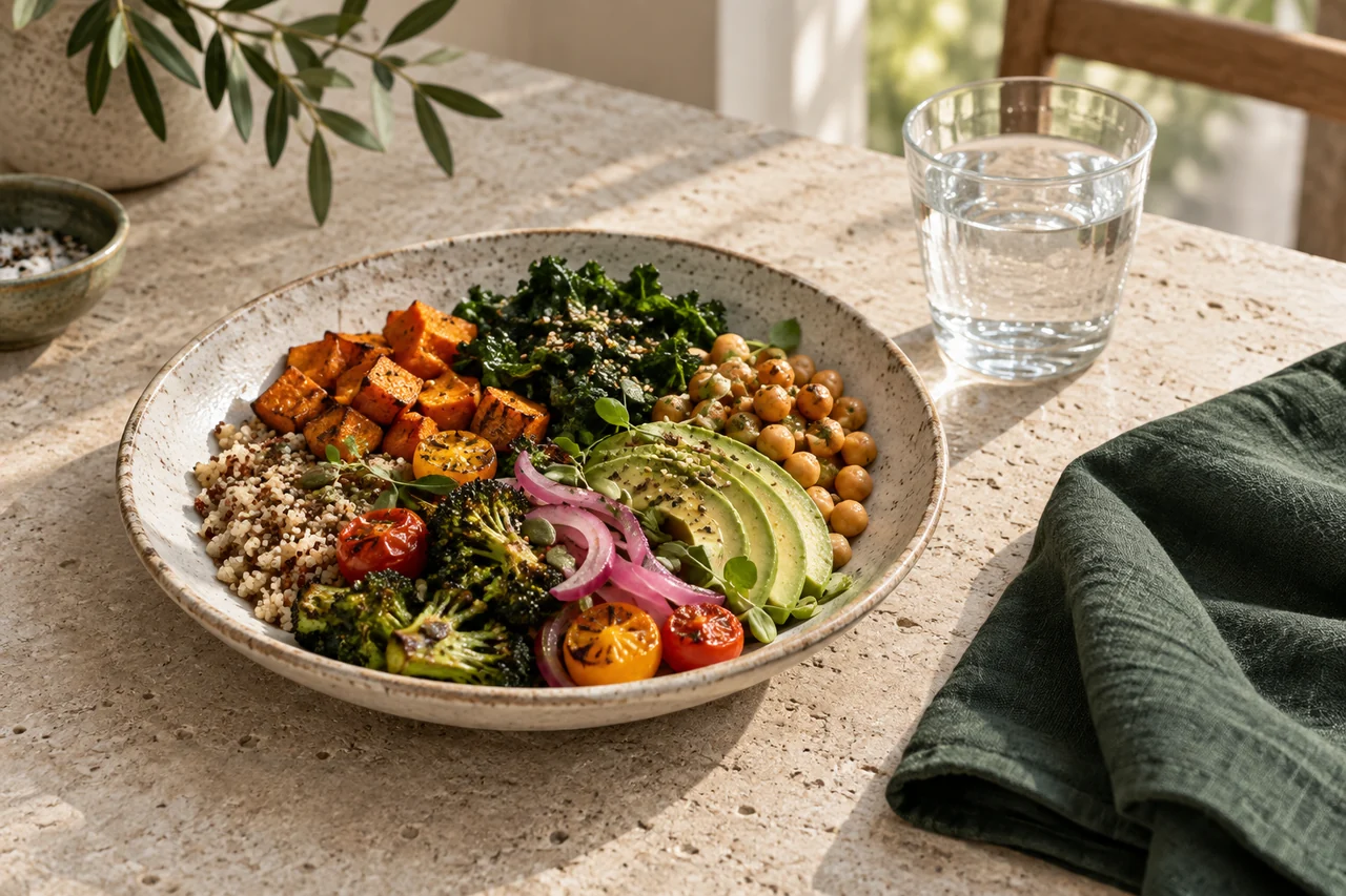 Balanced meal of grains, vegetables, chickpeas, and water on a table