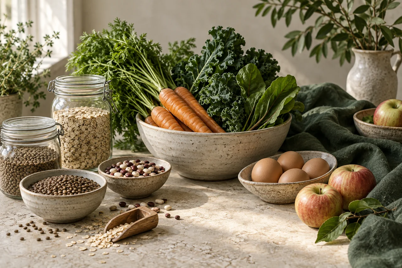 Affordable pantry staples, vegetables, eggs, and fruit on a stone table