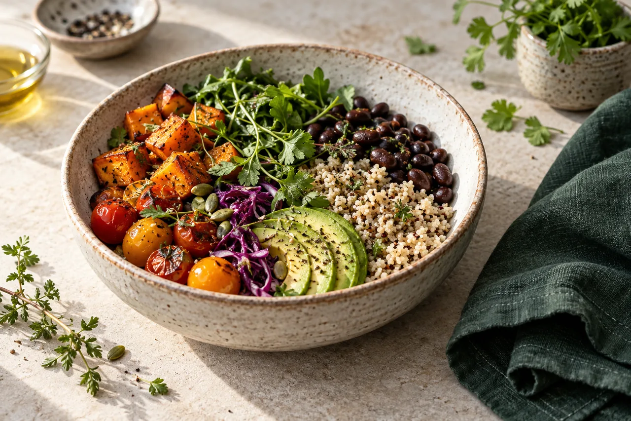 Bowl of roasted vegetables, grains, beans, avocado, and herbs