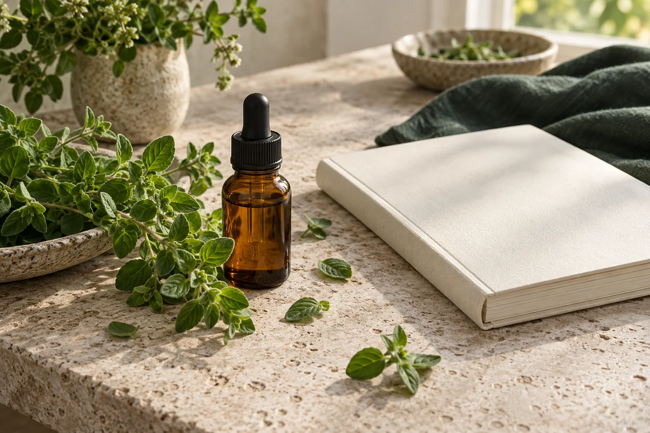 Fresh oregano and an amber dropper bottle beside a blank notebook