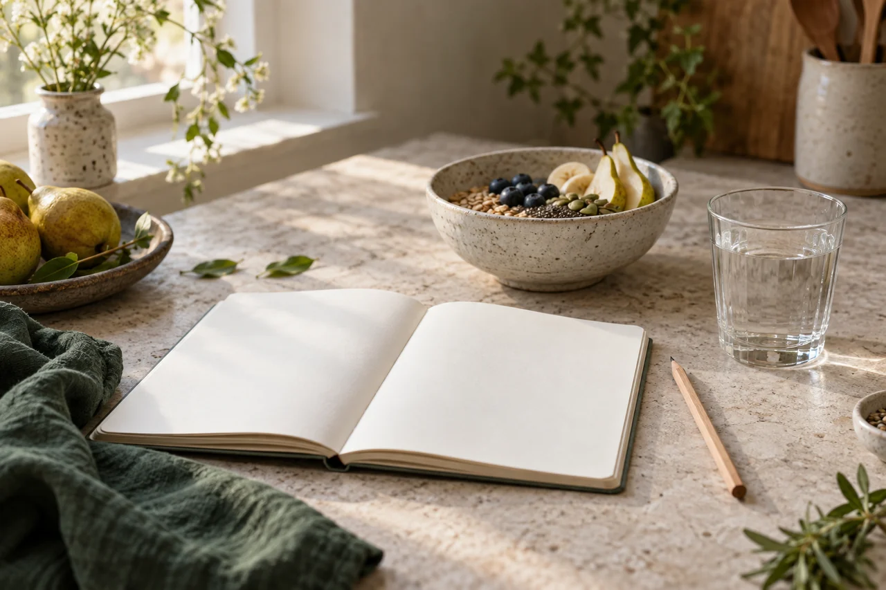 Blank open notebook, fruit, and water on a sunlit kitchen table