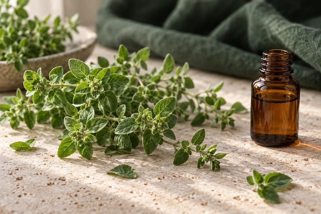 Fresh oregano sprigs beside an open amber bottle