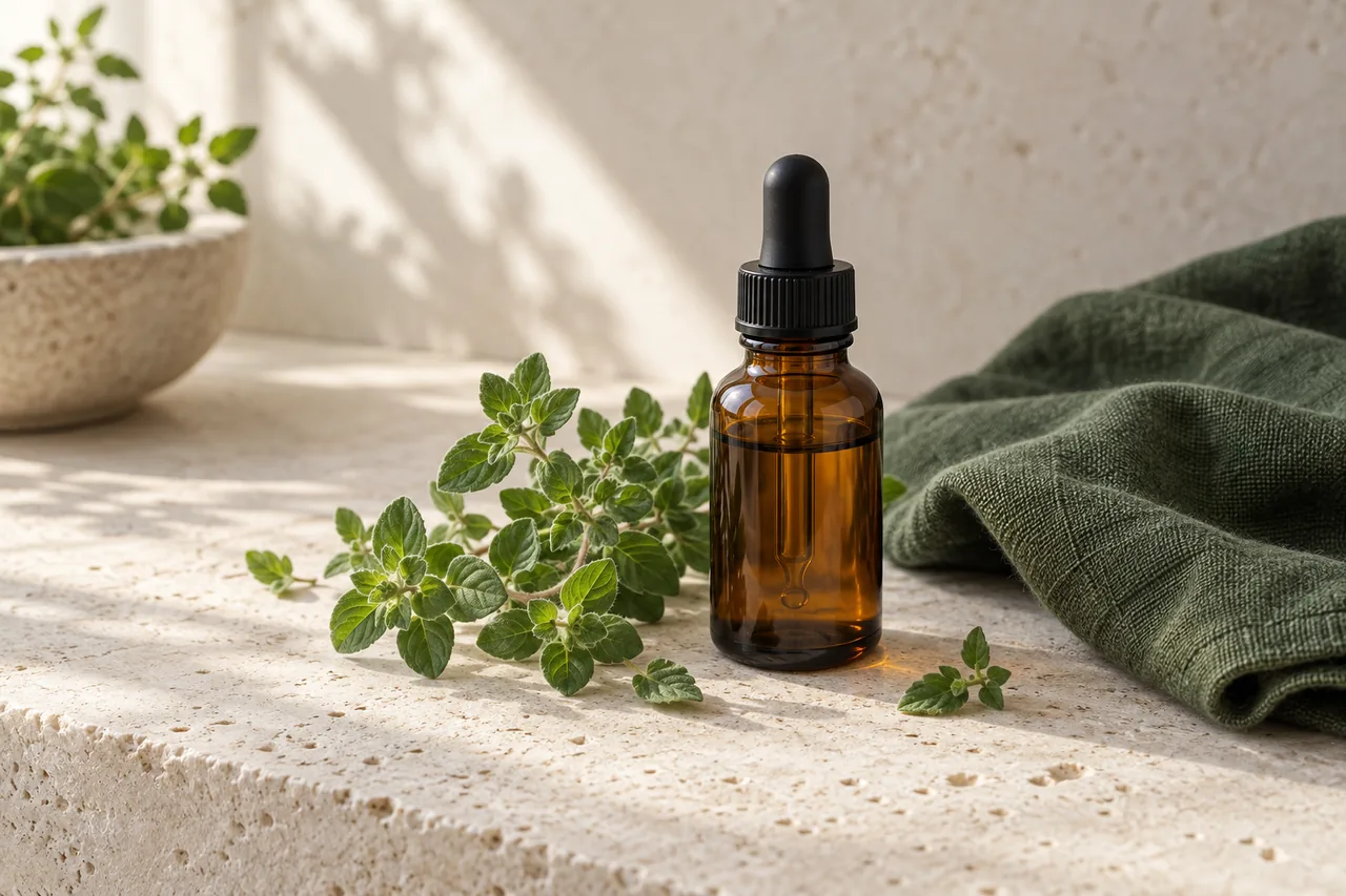 Oregano sprigs beside an amber dropper bottle