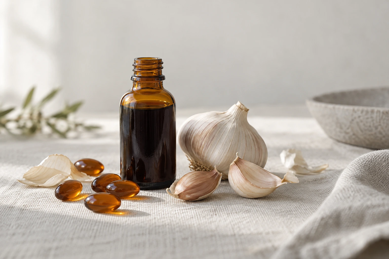 A small amber bottle of dark aged garlic extract beside a whole garlic bulb, loose cloves and a few translucent amber softgels on a cream linen surface in soft daylight.