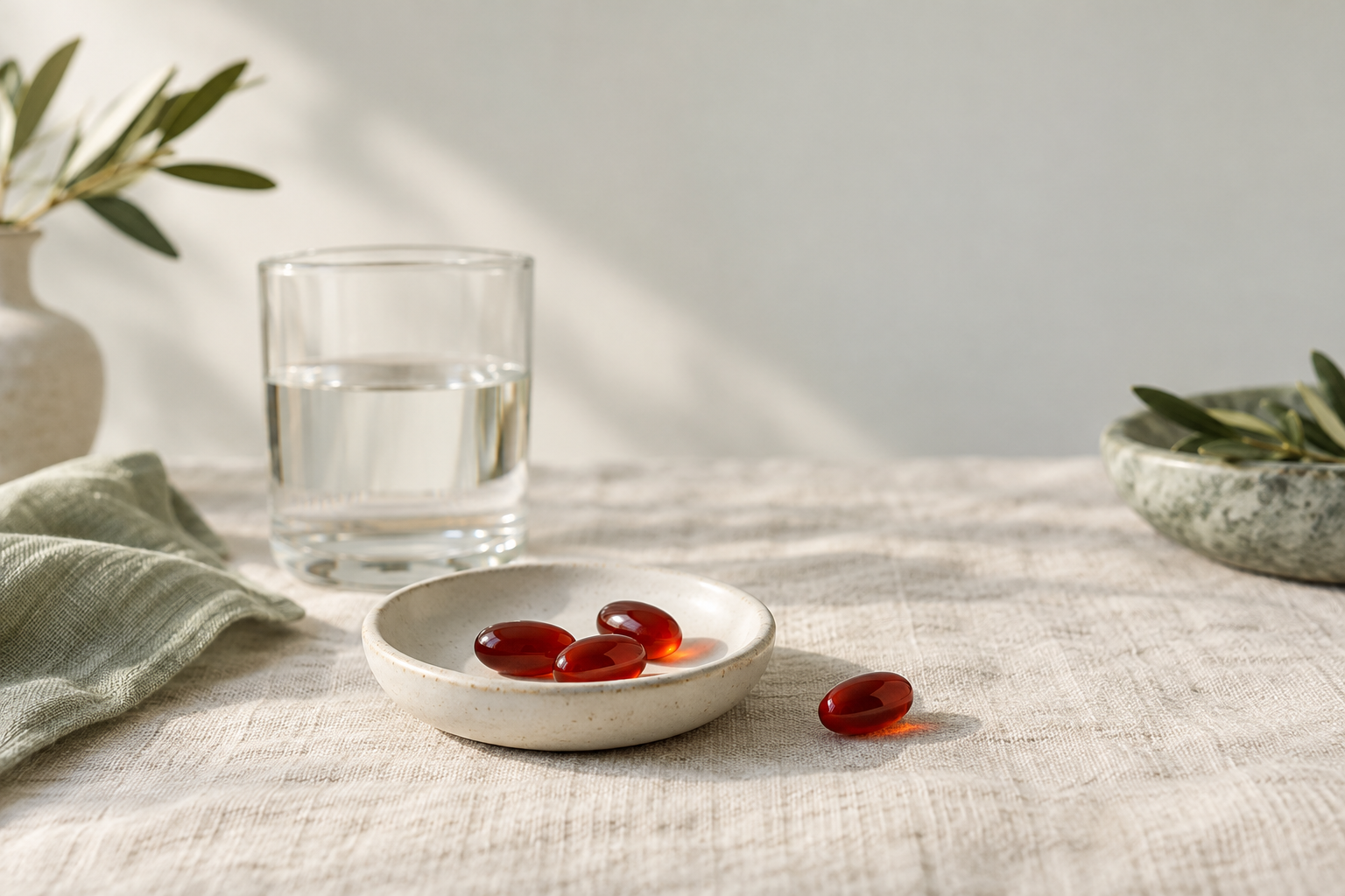 Three deep red-orange astaxanthin softgels in a small white dish on warm cream linen, one resting beside it, with a soft-focus glass of water in the background.