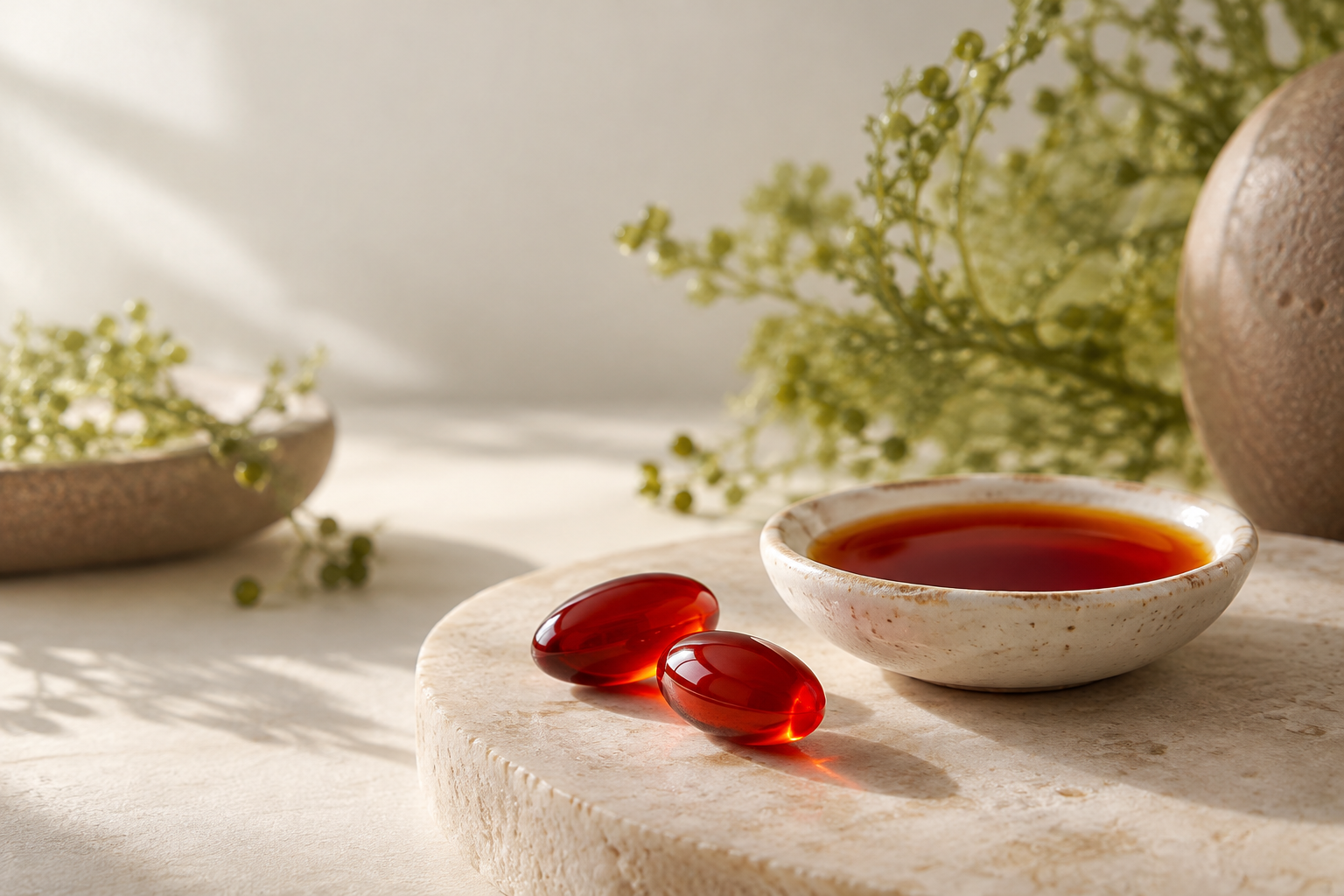Deep red-orange astaxanthin softgels on a warm cream surface in soft morning light, beside a small dish of dark red-orange oil, with a soft green microalgae-toned texture blurred in the background.