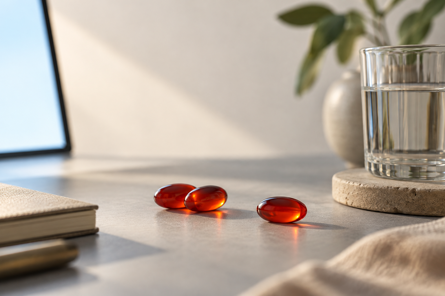 Deep red-orange astaxanthin softgels on a matte desk surface beside a small glass of water and a softly glowing, out-of-focus panel of cool light, lit by calm directional daylight.