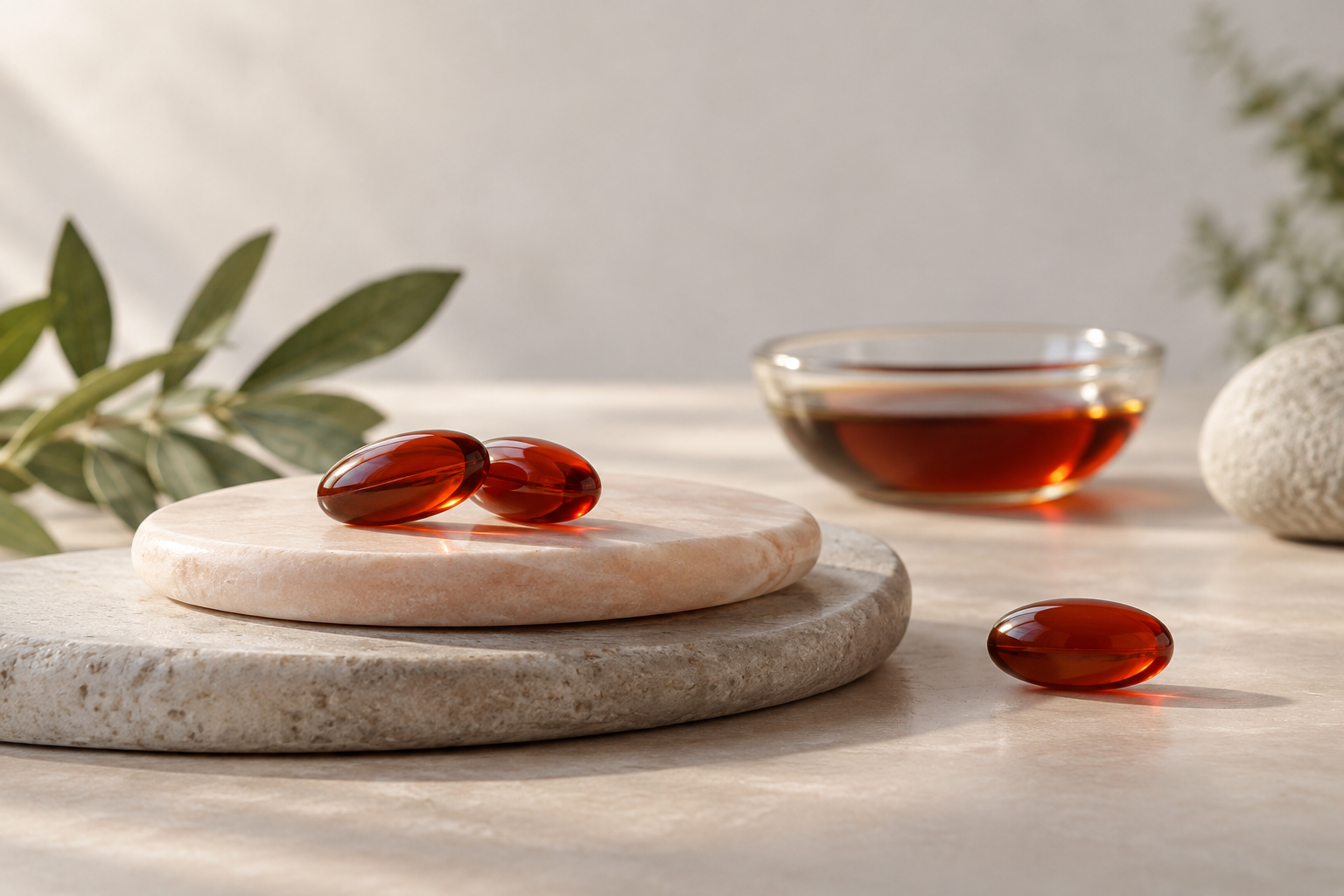 Deep red-orange astaxanthin softgels on a smooth blush-cream stone surface beside a small dish of dark red-orange oil, lit by soft directional daylight.