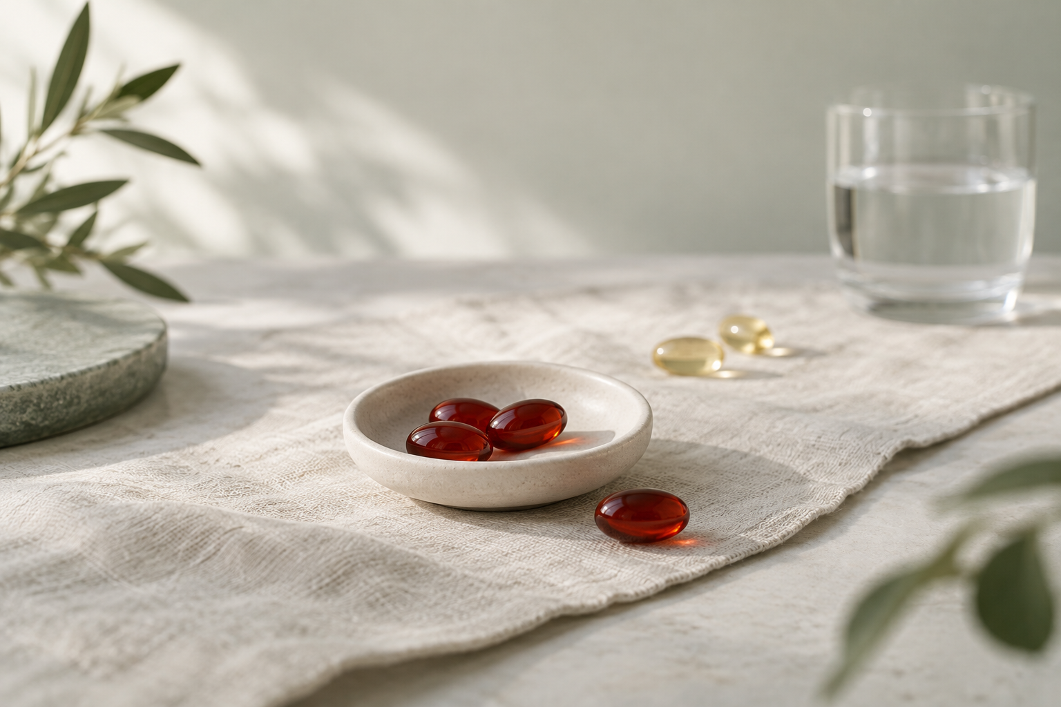 Three deep red-orange astaxanthin softgels in a small white dish on warm cream linen, with two soft-focus golden softgels and a glass of water behind them.