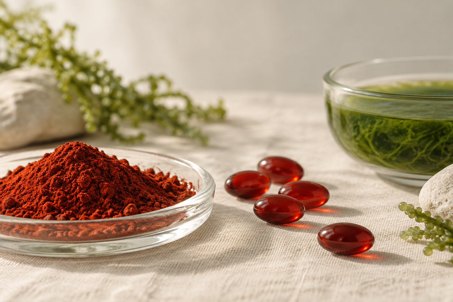 A small glass dish of deep red-orange microalgae powder beside a scatter of translucent red softgels and a shallow bowl of green microalgae on a cream linen surface in soft daylight.