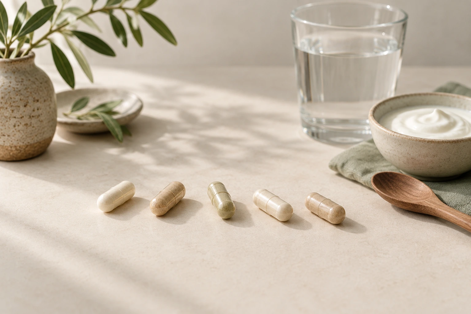 Four unbranded pale capsules set in a spaced row on warm cream paper, with a plain glass of water and a small dish of yogurt softly out of focus behind them.