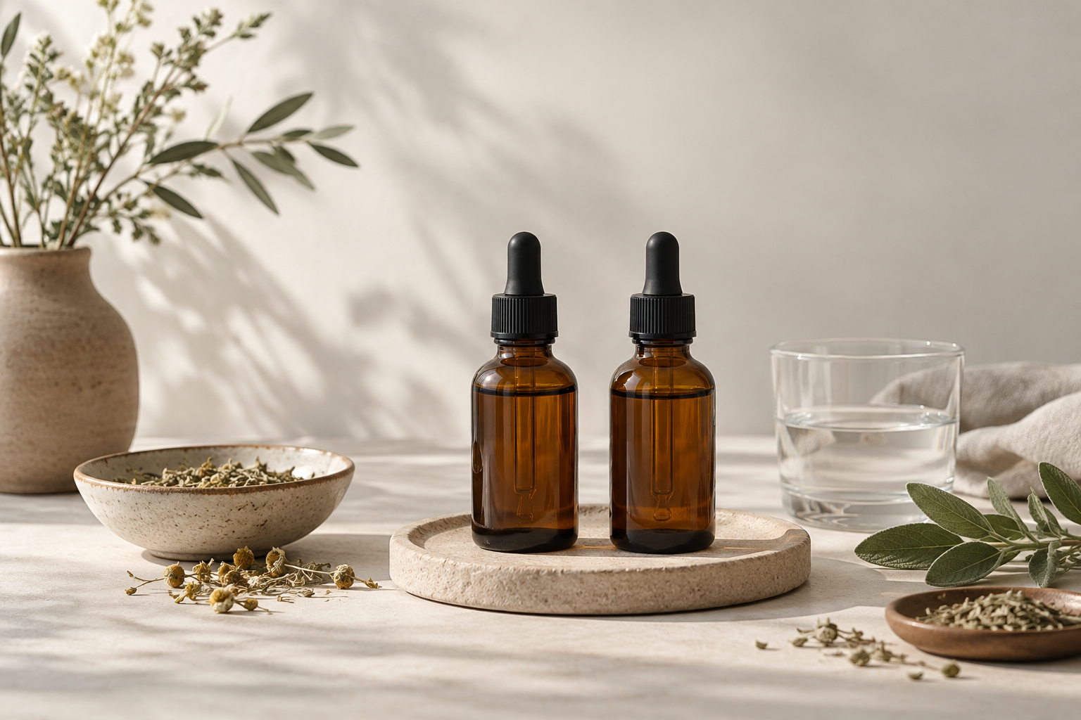 Two unbranded amber glass dropper bottles side by side on a linen surface with loose green herbs and a glass of water in soft daylight — still life for an article about comparing lymphatic drainage supplements.