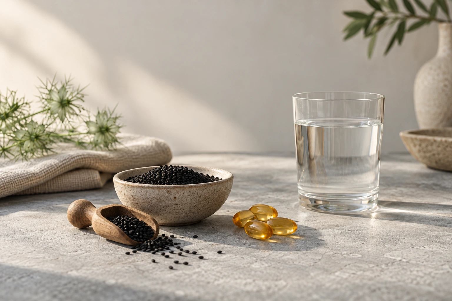 Loose Nigella sativa seeds beside a few amber softgels and a glass of water on a grey stone surface in soft daylight — ingredient still life for an article about black seed oil benefits for men.