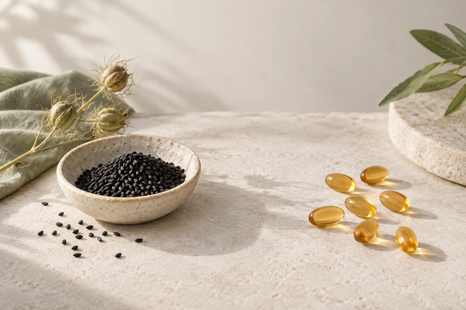 Loose Nigella sativa seeds in a blush ceramic dish beside amber softgels and a dried nigella sprig on warm linen in soft daylight — ingredient still life for an article about black seed oil benefits for women.