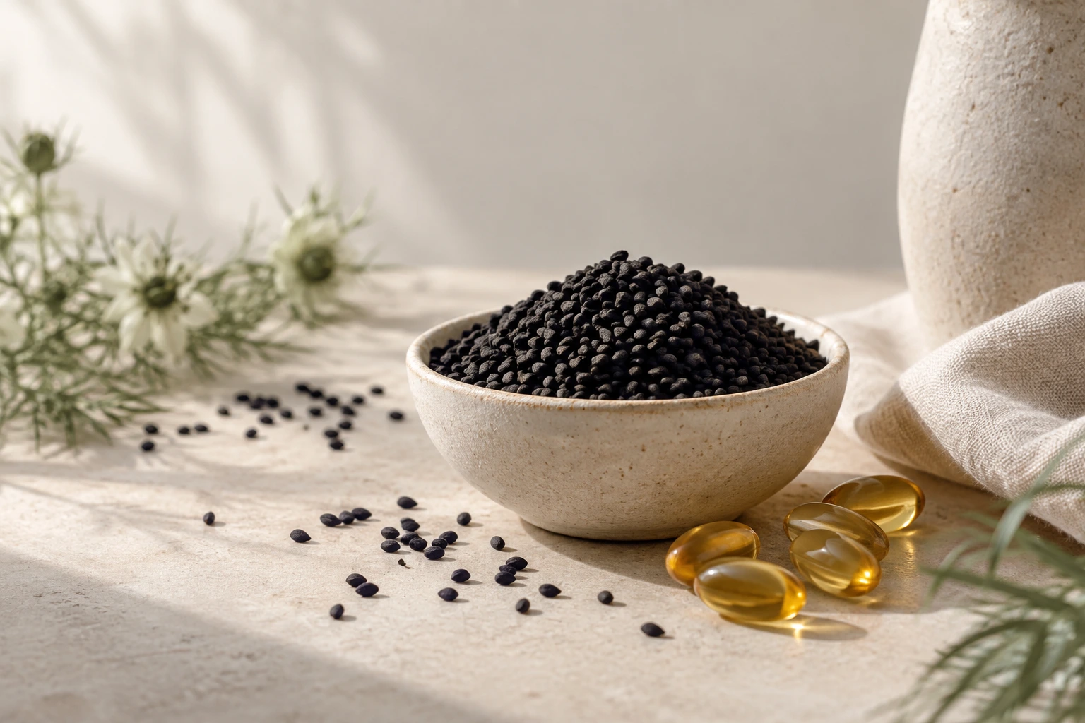 Loose Nigella sativa seeds beside a few amber softgels on a warm linen surface in soft daylight — ingredient still life for an article about black seed oil benefits.