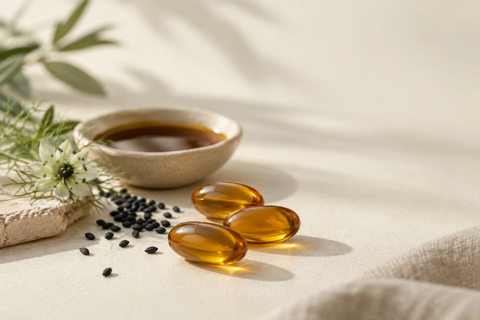 Golden-brown black seed oil softgel capsules on a cream surface beside a small dish of dark amber black seed oil and a scattering of black seeds.