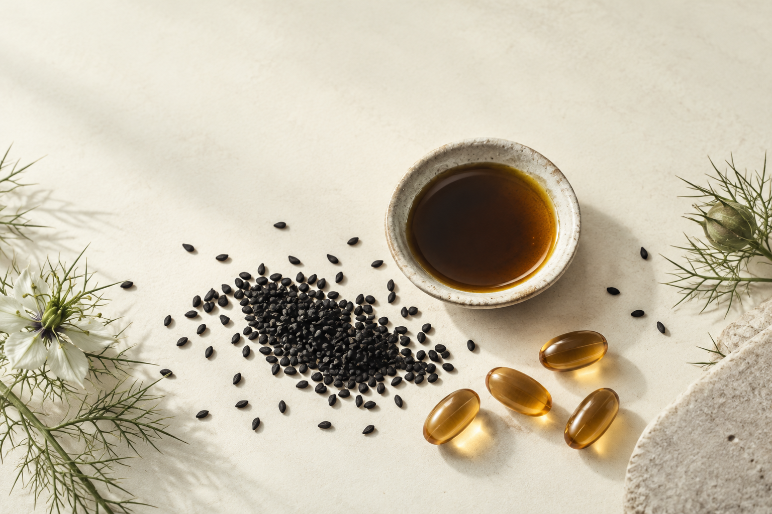 A small dish of dark amber black seed oil beside scattered black seeds and golden-brown softgel capsules on a cream surface.