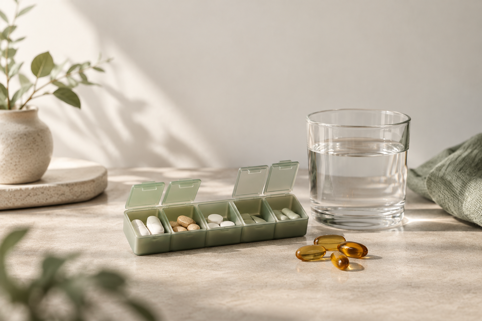 An open weekly pill organiser with plain tablets beside a few amber softgels and a glass of water on a warm linen surface in soft daylight — still life for an article about what not to mix with black seed oil.