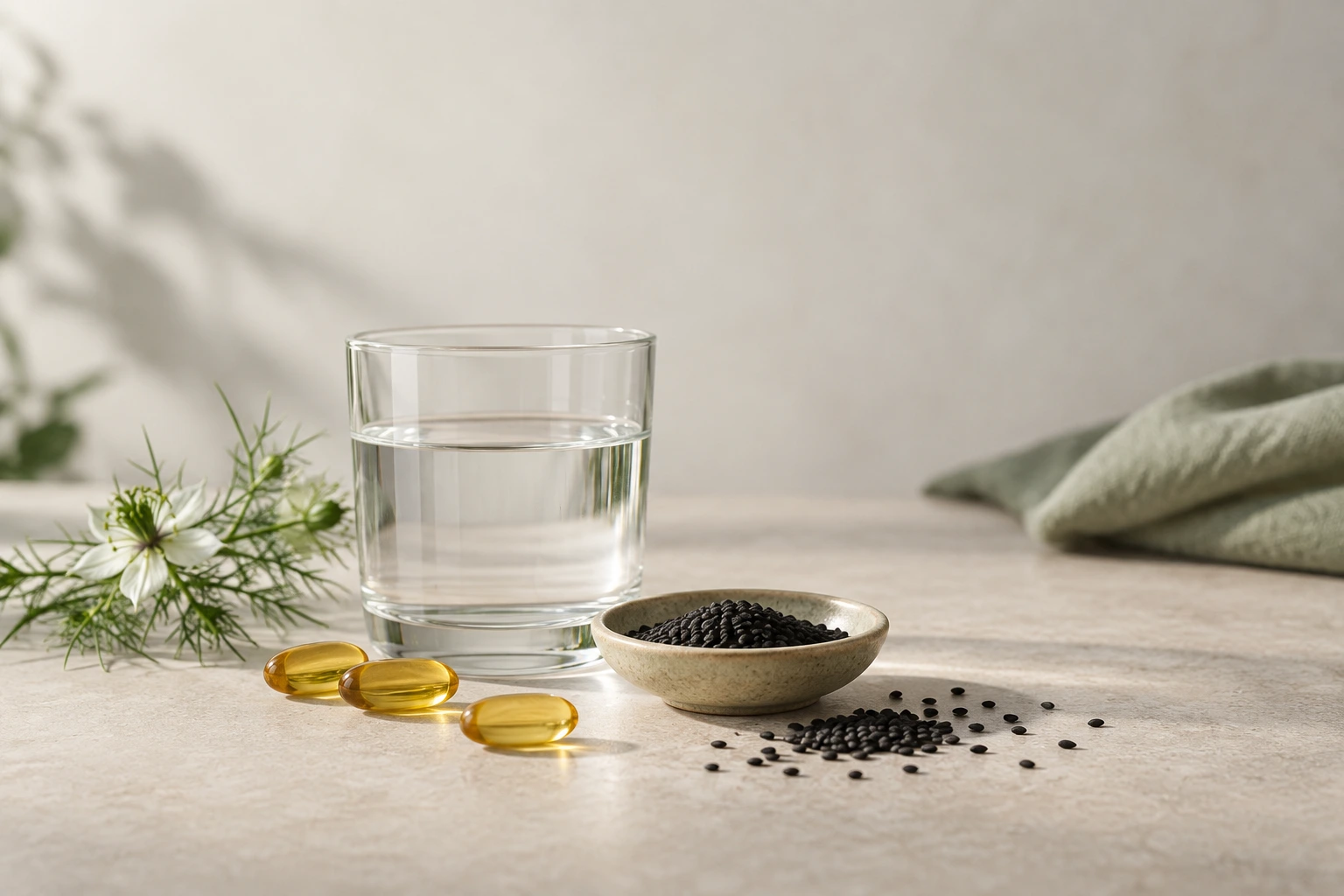 A clear glass of water beside a few amber softgels and scattered Nigella sativa seeds on a warm linen surface in soft daylight — still life for an article about black seed oil side effects.