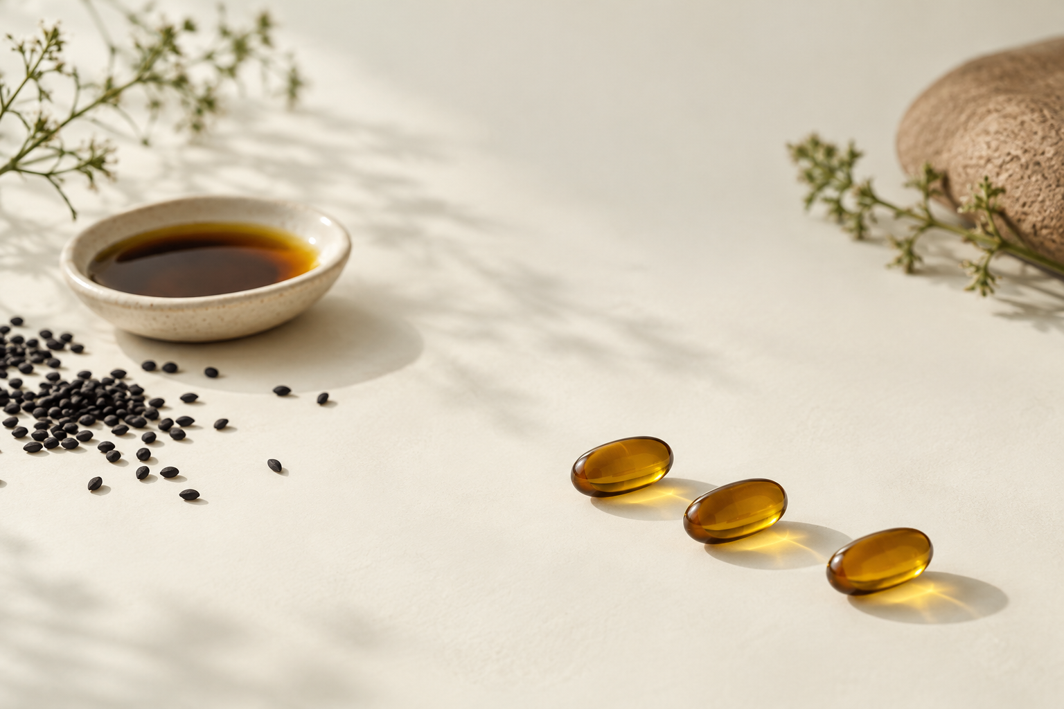 Three golden-brown black seed oil softgel capsules in a row on a cream surface beside a small dish of dark amber black seed oil and a scattering of black seeds.