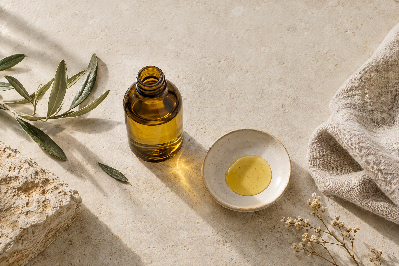 An unbranded amber glass bottle of golden body oil beside a small dish of oil and a folded linen cloth on a pale stone surface in soft daylight — editorial still life for a guide to choosing a body oil.