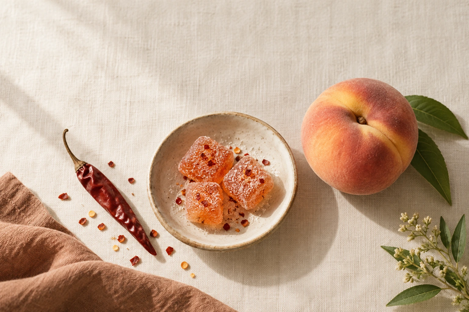 A small ceramic dish of peach-coloured gummy cubes with a light chili-flake coating beside a fresh peach and a dried red chili on a warm cream linen surface in soft daylight.
