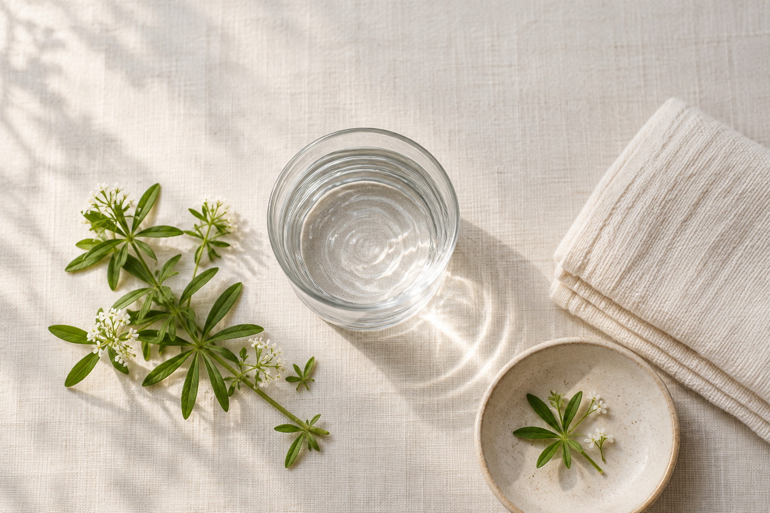 A clear glass of water catching soft daylight beside a sprig of fresh green herb and a folded linen towel on a warm cream surface.