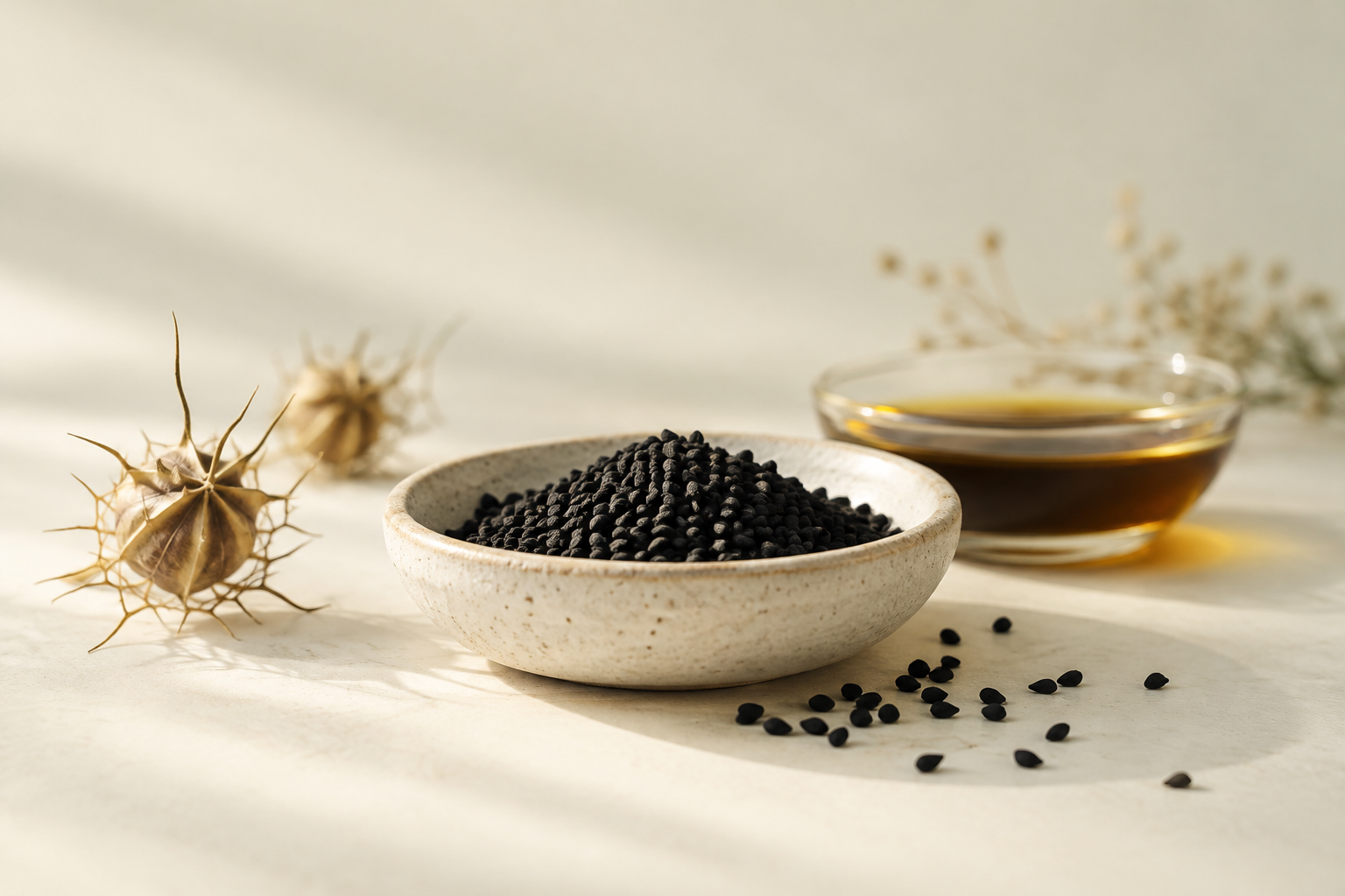 Matte black Nigella sativa seeds filling a small ceramic dish on a cream surface, a few seeds scattered beside a second small dish of dark amber oil.