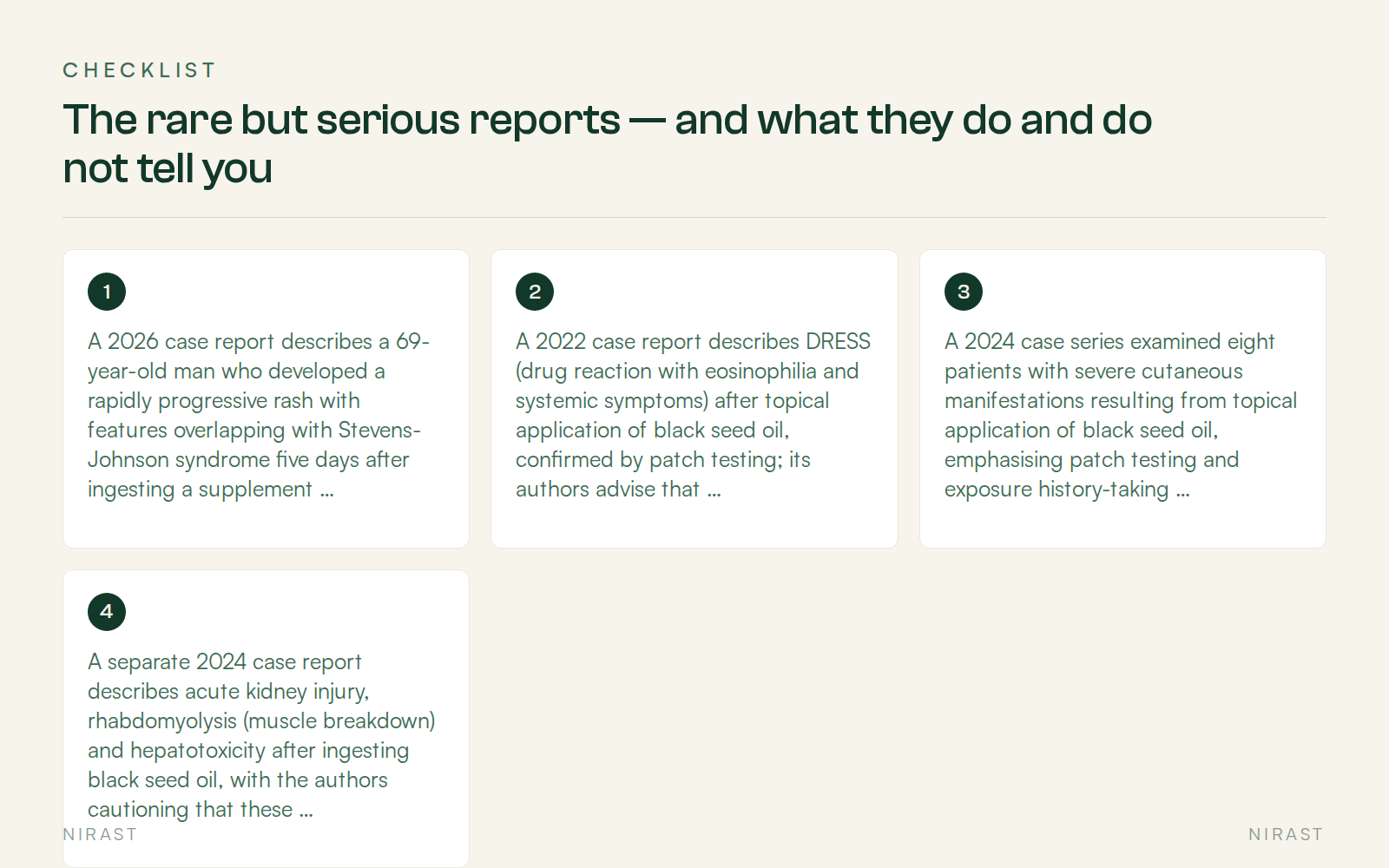 Checklist: The rare but serious reports — and what they do and do not tell you, covering A 2026 case report describes a 69-year-old man who developed a rapidly progressive rash with features overlapping with Stevens-Johnson syndrome five days after ingesting a supplement containing black seed oil; the report also reviews prior cases of severe bullous cutaneous reactions, and notes that topical black seed oil has been reported to cause reactions mimicking Stevens-Johnson syndrome and toxic epidermal necrolysis ( PMID 42699335 ), A 2022 case report describes DRESS (drug reaction with eosinophilia and systemic symptoms) after topical application of black seed oil, confirmed by patch testing; its authors advise that severe cutaneous reactions attributed to these products be reported to pharmacovigilance networks ( PMID 35419842 ), A 2024 case series examined eight patients with severe cutaneous manifestations resulting from topical application of black seed oil, emphasising patch testing and exposure history-taking ( PMID 39759250 ), A separate 2024 case report describes acute kidney injury, rhabdomyolysis (muscle breakdown) and hepatotoxicity after ingesting black seed oil, with the authors cautioning that these problems may occur after black seed oil use and should be considered in the differential diagnosis for patients taking herbal products ( PMID 38844000 )