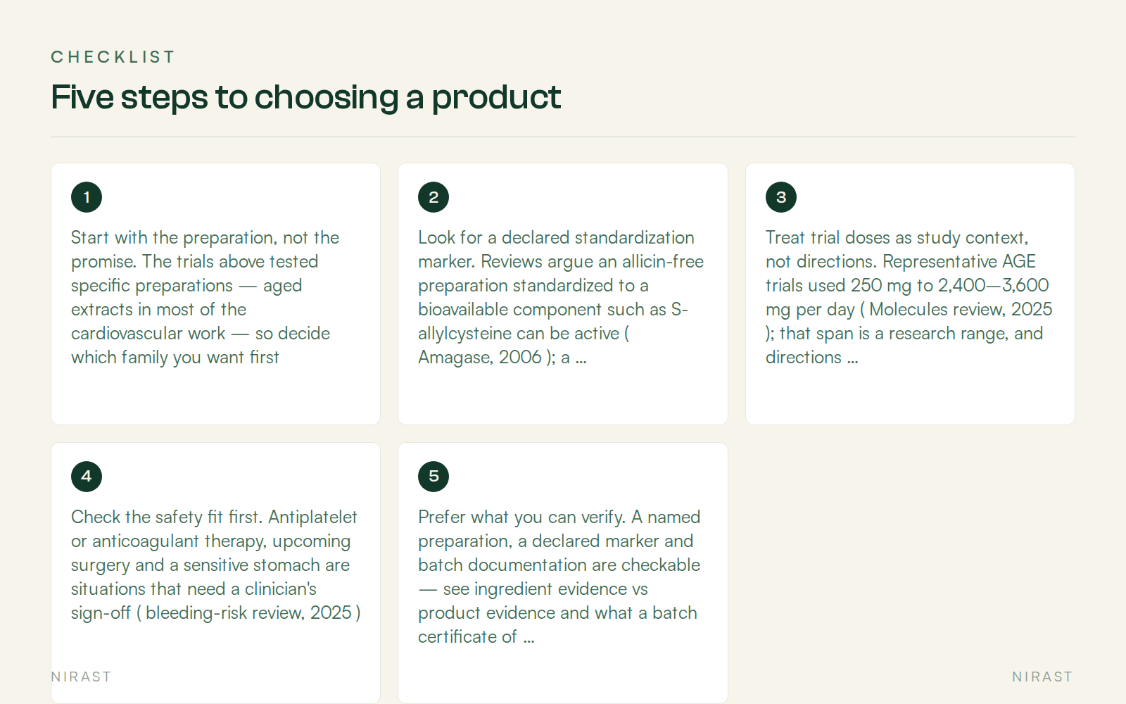 Checklist: Five steps to choosing a product, covering Start with the preparation, not the promise. The trials above tested specific preparations — aged extracts in most of the cardiovascular work — so decide which family you want first, Look for a declared standardization marker. Reviews argue an allicin-free preparation standardized to a bioavailable component such as S-allylcysteine can be active ( Amagase, 2006 ); a declared marker is what makes the content checkable, Treat trial doses as study context, not directions. Representative AGE trials used 250 mg to 2,400–3,600 mg per day ( Molecules review, 2025 ); that span is a research range, and directions come from the label, Check the safety fit first. Antiplatelet or anticoagulant therapy, upcoming surgery and a sensitive stomach are situations that need a clinician's sign-off ( bleeding-risk review, 2025 ), Prefer what you can verify. A named preparation, a declared marker and batch documentation are checkable — see ingredient evidence vs product evidence and what a batch certificate of analysis documents