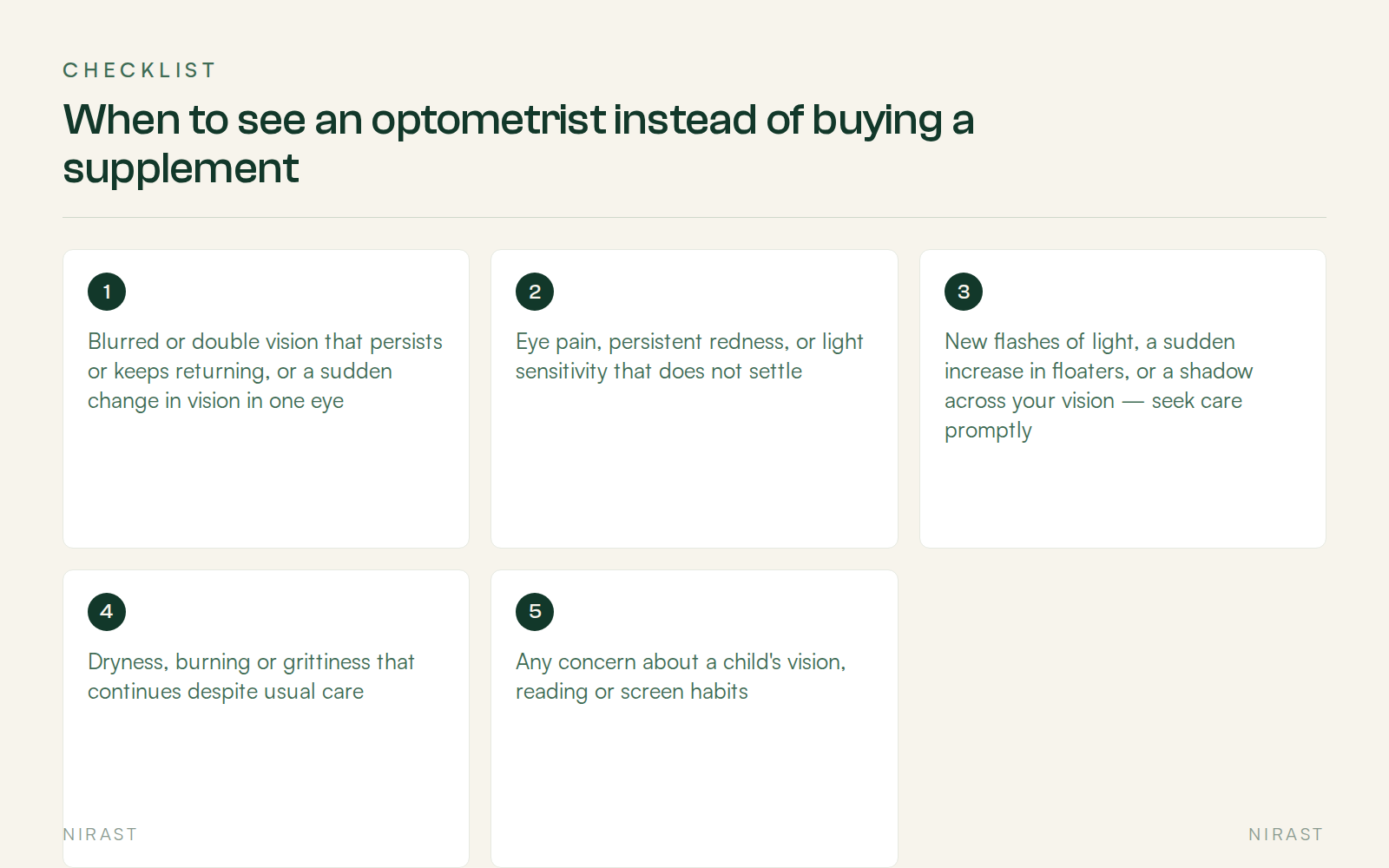 Checklist: When to see an optometrist instead of buying a supplement, covering Blurred or double vision that persists or keeps returning, or a sudden change in vision in one eye, Eye pain, persistent redness, or light sensitivity that does not settle, New flashes of light, a sudden increase in floaters, or a shadow across your vision — seek care promptly, Dryness, burning or grittiness that continues despite usual care, Any concern about a child's vision, reading or screen habits
