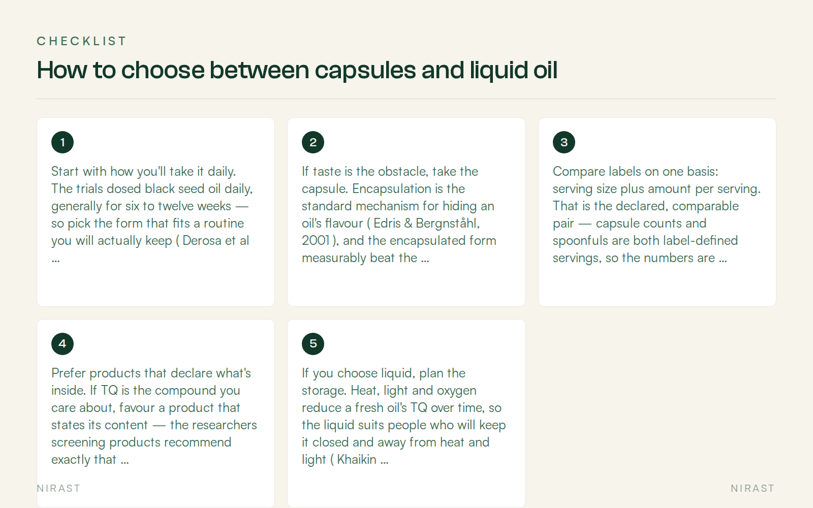Checklist: How to choose between capsules and liquid oil, covering Start with how you'll take it daily. The trials dosed black seed oil daily, generally for six to twelve weeks — so pick the form that fits a routine you will actually keep ( Derosa et al., 2024 ), If taste is the obstacle, take the capsule. Encapsulation is the standard mechanism for hiding an oil's flavour ( Edris & Bergnståhl, 2001 ), and the encapsulated form measurably beat the raw oil on taste and aftertaste in a sensory panel ( Alkhatib et al., 2024 ), Compare labels on one basis: serving size plus amount per serving. That is the declared, comparable pair — capsule counts and spoonfuls are both label-defined servings, so the numbers are directly readable ( FDA labeling guide ), Prefer products that declare what's inside. If TQ is the compound you care about, favour a product that states its content — the researchers screening products recommend exactly that ( Khaikin et al., 2022 ), If you choose liquid, plan the storage. Heat, light and oxygen reduce a fresh oil's TQ over time, so the liquid suits people who will keep it closed and away from heat and light ( Khaikin et al., 2022 )