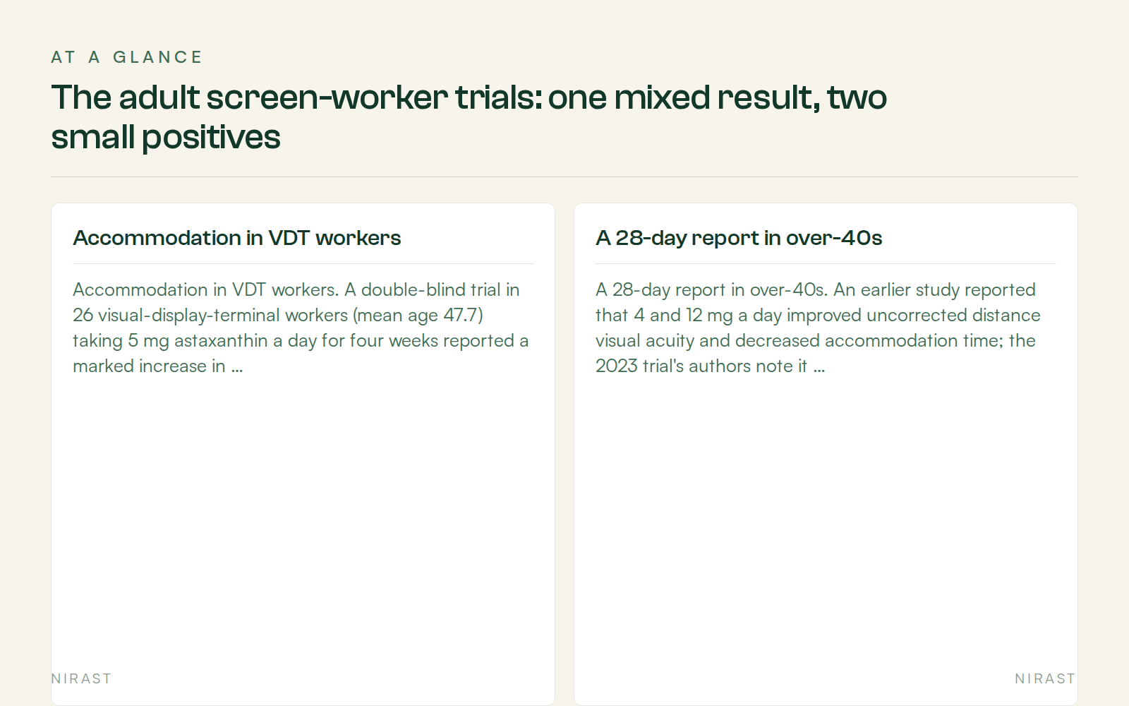 At A Glance: The adult screen-worker trials: one mixed result, two small positives, covering Accommodation in VDT workers, A 28-day report in over-40s