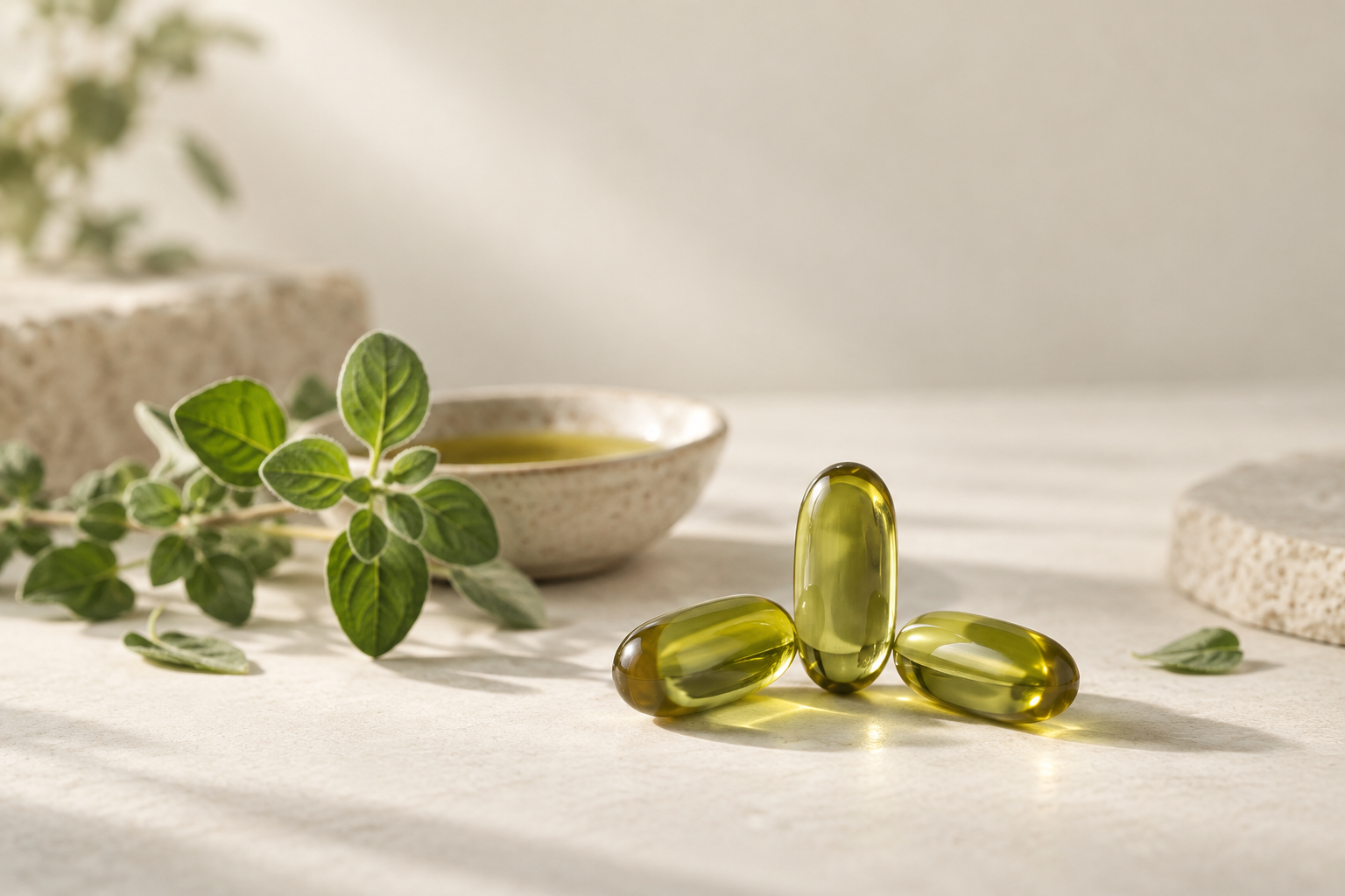 Glossy amber-green oregano oil softgels on a cream surface beside a small fresh oregano sprig and a shallow dish of golden oil.