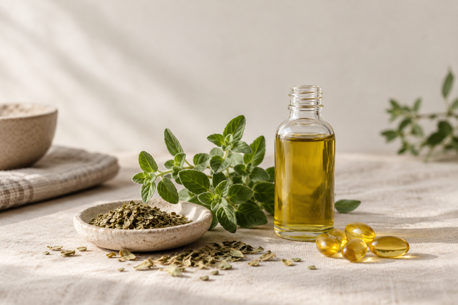 A small dropper bottle of golden-green oregano oil beside a fresh oregano sprig, dried oregano leaves and a few translucent amber softgels on a cream linen surface in soft daylight.