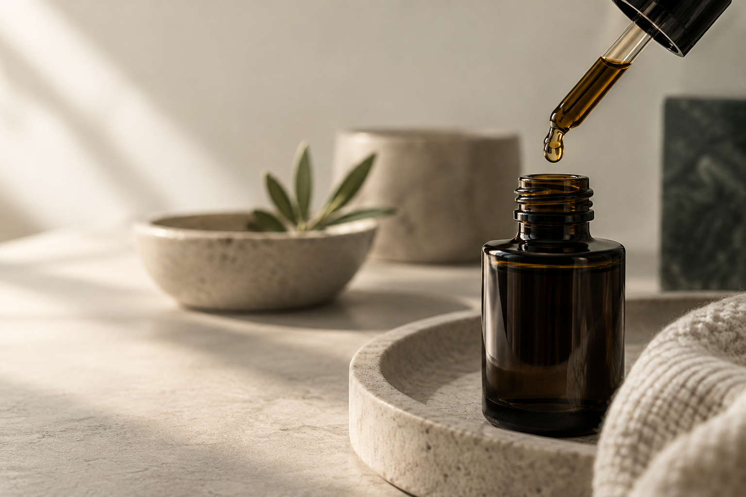 A small dark glass dropper bottle without a label beside a single drop of amber-gold fragrance oil on a slate tray in dim evening light — still life for an article about pheromone cologne for men.