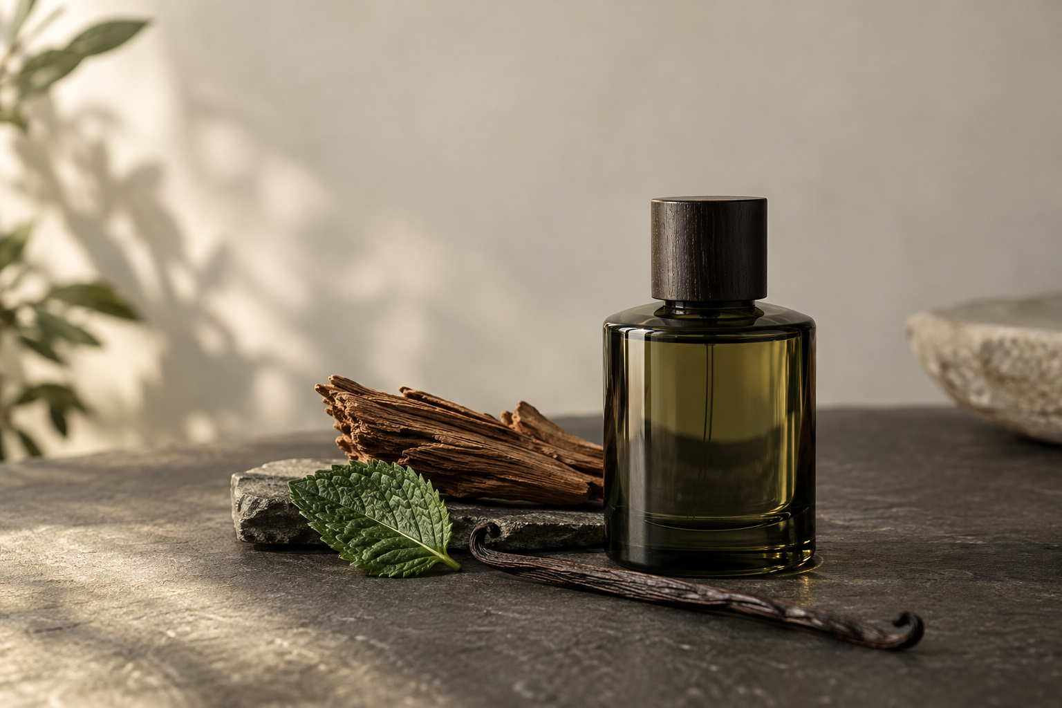 An unbranded dark glass fragrance bottle standing on dark slate beside a piece of cedar wood, a fresh mint leaf and a vanilla pod in warm side light.