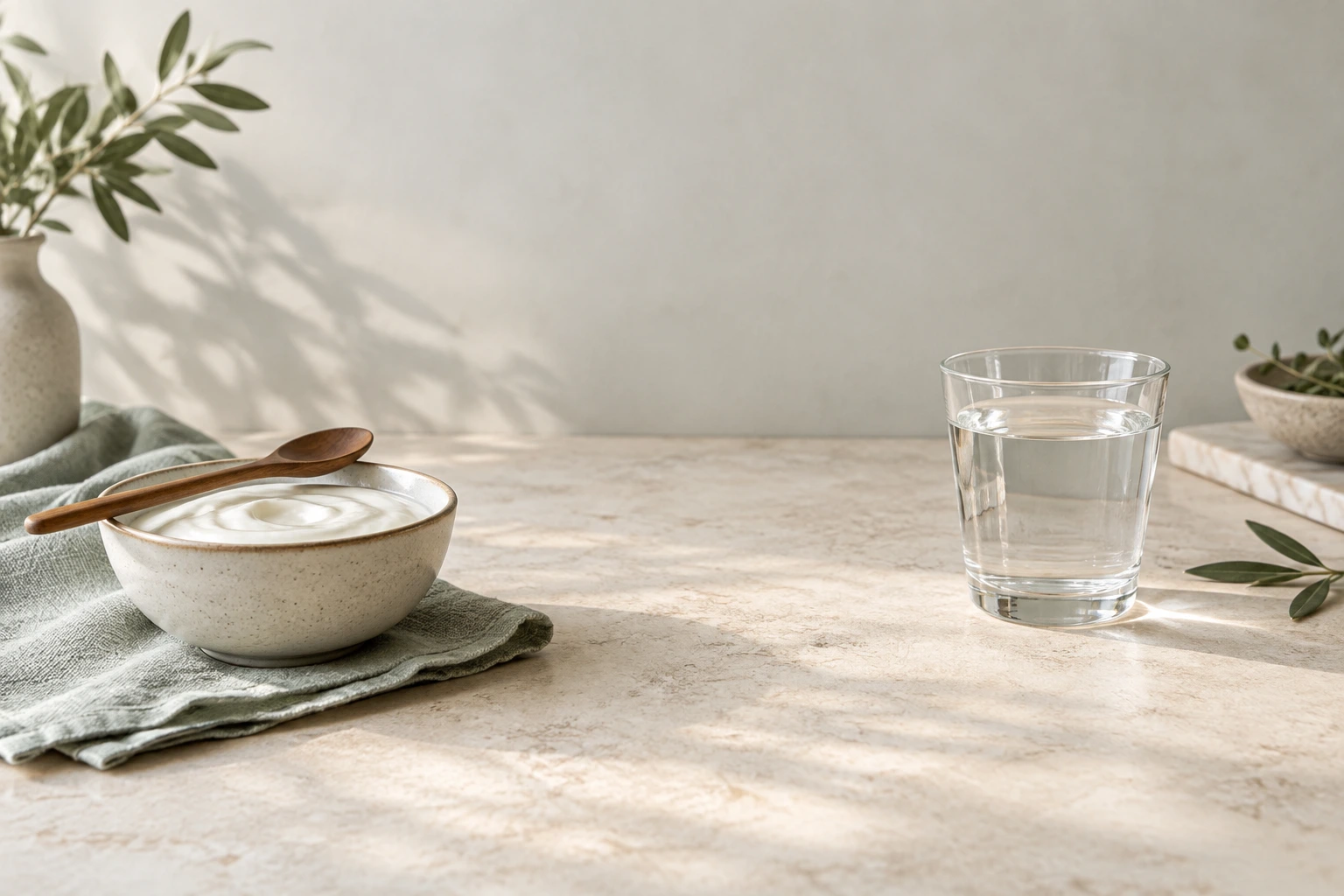 A ceramic bowl of plain yogurt with a wooden spoon beside a glass of water and a folded linen napkin on a warm wooden surface in soft morning light.
