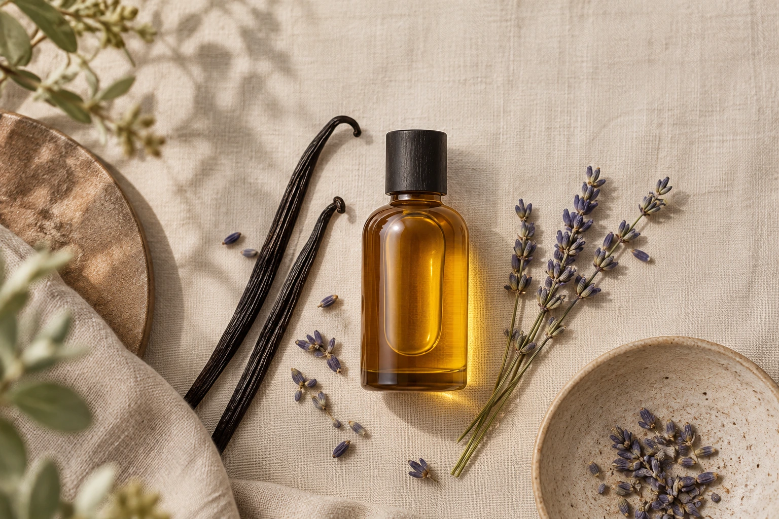 Amber glass body oil bottle with vanilla pods and dried lavender on a warm linen surface in soft daylight — editorial still life for a guide to choosing scented body oils.