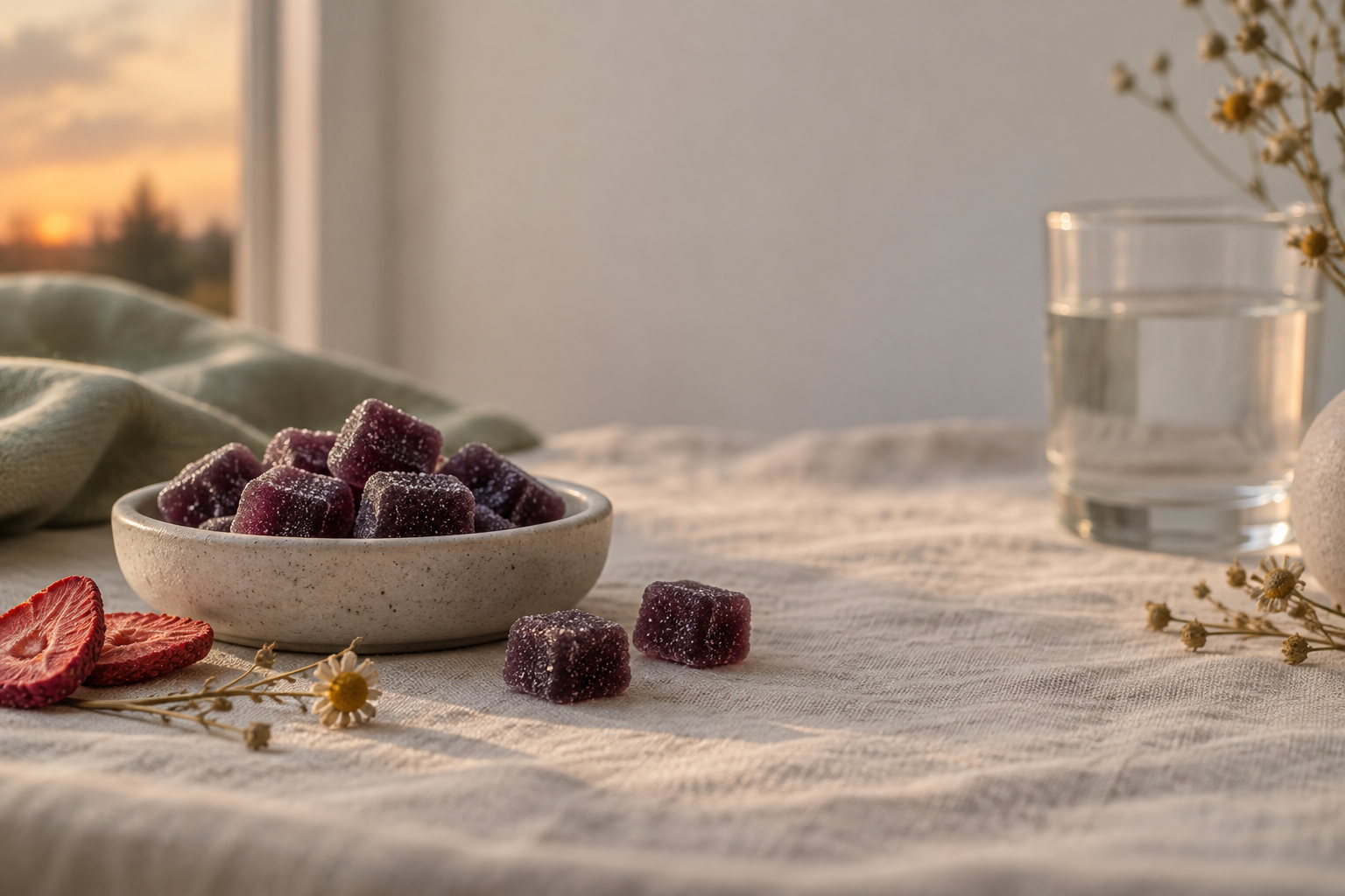 “A shallow ceramic dish of deep-purple sugar-dusted square gummies with dried strawberry slices and a dried botanical sprig on cream linen in soft evening light.”