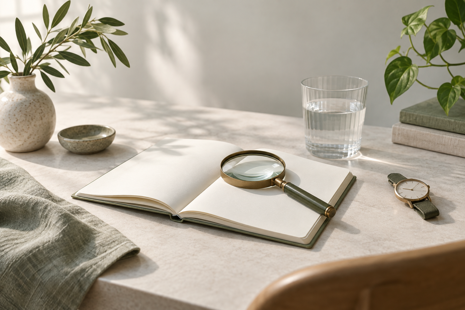 A magnifying glass resting on a blank notebook beside a glass of water and a plain watch on a warm cream desk in soft morning light.