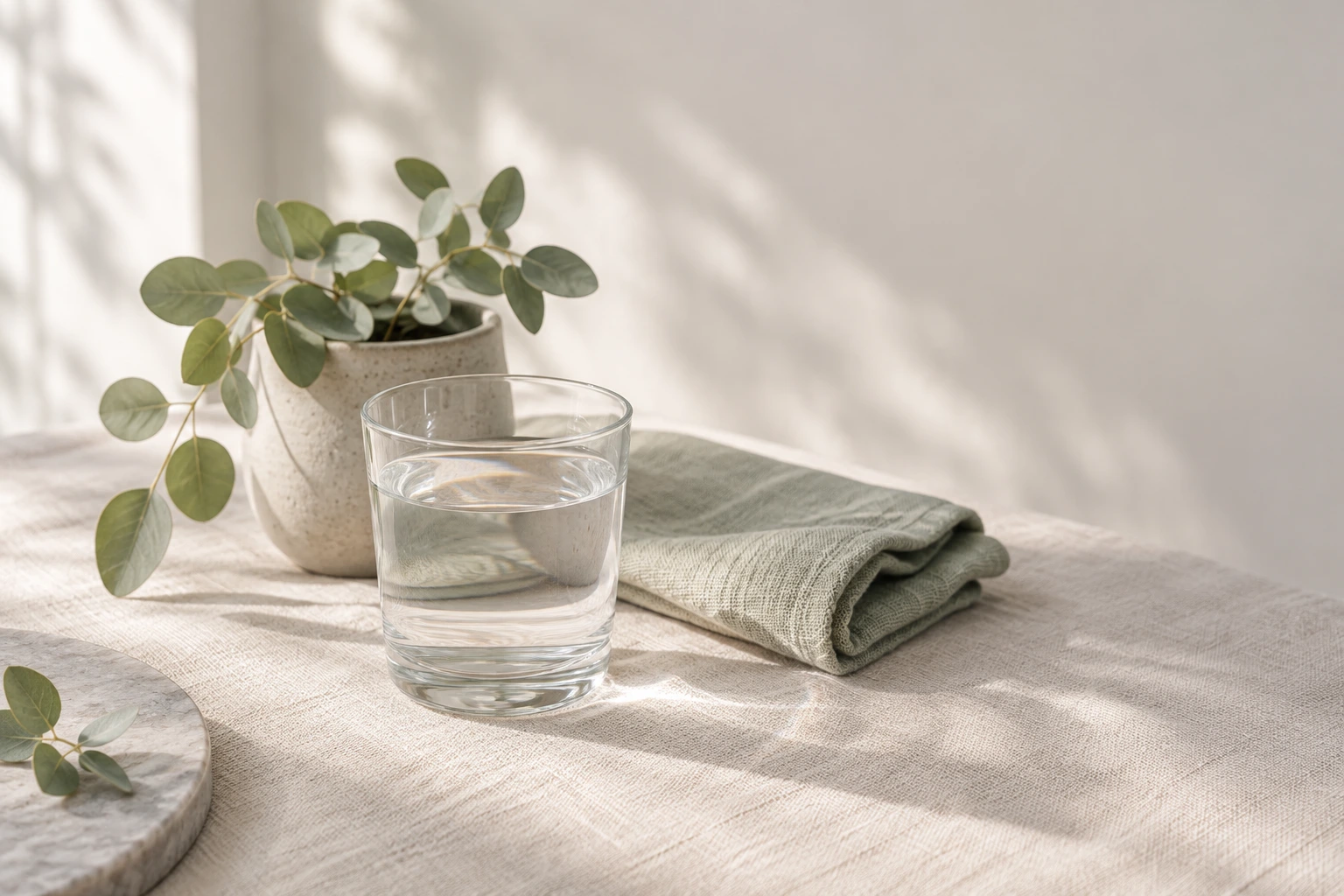 A clear glass of water catching soft morning light beside a folded cotton cloth and a small green plant on a warm cream linen surface.