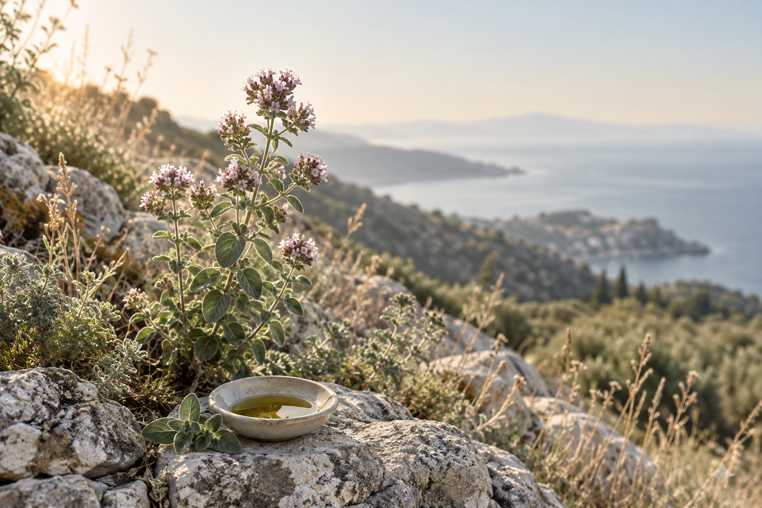 A flowering wild oregano plant on a sunlit rocky Mediterranean hillside beside a small stone holding a shallow dish of golden oil.